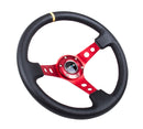 NRG Reinforced Steering Wheel (350mm / 3in. Deep) Blk Leather w/Red Spokes & Sgl Yellow Center Mark-3