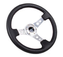 NRG Reinforced Steering Wheel (350mm / 3in. Deep) Blk Leather w/Silver Spoke & Circle Cutouts-2