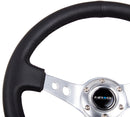 NRG Reinforced Steering Wheel (350mm / 3in. Deep) Blk Leather w/Silver Spoke & Circle Cutouts-3