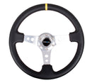 NRG Reinforced Steering Wheel (350mm / 3in. Deep) Blk Leather w/Circle Cut Spokes & Single Yellow CM-1