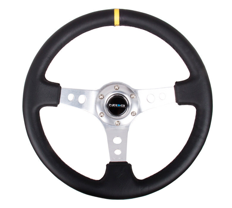 NRG Reinforced Steering Wheel (350mm / 3in. Deep) Blk Leather w/Circle Cut Spokes & Single Yellow CM