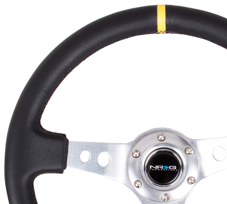 NRG Reinforced Steering Wheel (350mm / 3in. Deep) Blk Leather w/Circle Cut Spokes & Single Yellow CM - 0