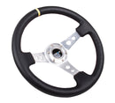 NRG Reinforced Steering Wheel (350mm / 3in. Deep) Blk Leather w/Circle Cut Spokes & Single Yellow CM-3