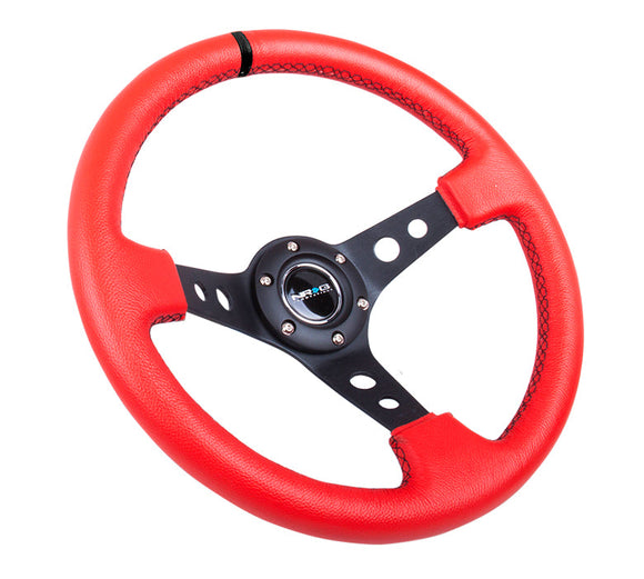 NRG Reinforced Steering Wheel (350mm / 3in. Deep) Red Leather/Blk Stitch w/Blk Spokes (Hole Cutouts)