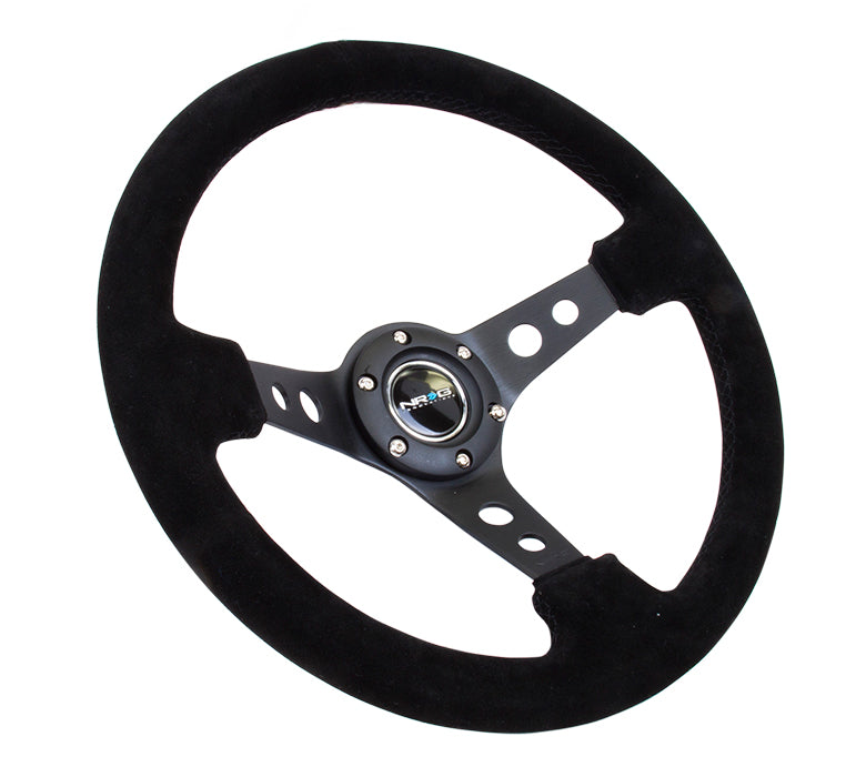 NRG Reinforced Steering Wheel (350mm / 3in. Deep) Blk Suede/Blk Stitch w/Black Circle Cutout Spokes - 0