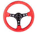 NRG Reinforced Steering Wheel (350mm / 3in. Deep) Red Suede w/Blk Circle Cutout Spokes-1