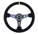 NRG Reinforced Steering Wheel (350mm / 3in. Deep) Blk Suede w/Circle Cut Spokes & Single Yellow CM-1