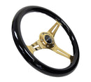 NRG Classic Wood Grain Steering Wheel (350mm) Black Grip w/Chrome Gold 3-Spoke Center-2