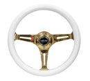 NRG Classic Wood Grain Steering Wheel (350mm) White Grip w/Chrome Gold 3-Spoke Center-1