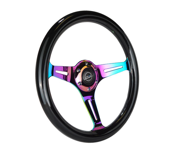 NRG Classic Wood Grain Steering Wheel (350mm) Black Paint Grip w/Neochrome 3-Spoke Center