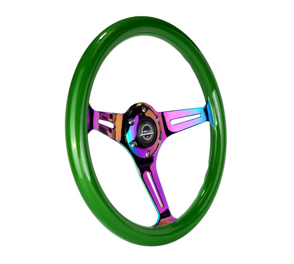 NRG Classic Wood Grain Steering Wheel (350mm) Green Pearl/Flake Paint w/Neochrome 3-Spoke Center