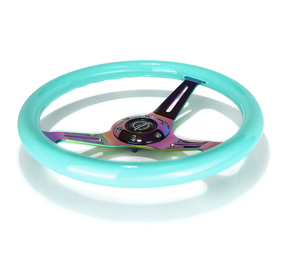 NRG Classic Wood Grain Steering Wheel (350mm) Minty Fresh Color w/Neochrome 3-Spoke Center