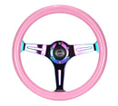 NRG Classic Wood Grain Steering Wheel (350mm) Solid Pink Painted Grip w/Neochrome 3-Spoke Center-1