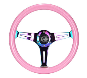 NRG Classic Wood Grain Steering Wheel (350mm) Solid Pink Painted Grip w/Neochrome 3-Spoke Center