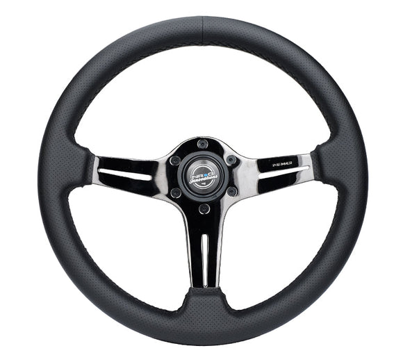 NRG Light Weight Gaming Steering Wheel - 350mm 3 Black Chrome Silver Spokes Perforated Leather