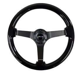 NRG Reinforced Steering Wheel (350mm / 3in. Deep) Black w/Black Chrome Solid 3-Spoke Center