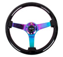 NRG Reinforced Steering Wheel (350mm / 3in Deep) Classic Blk Wood Grain w/Neochrome 3-Spoke Center-1