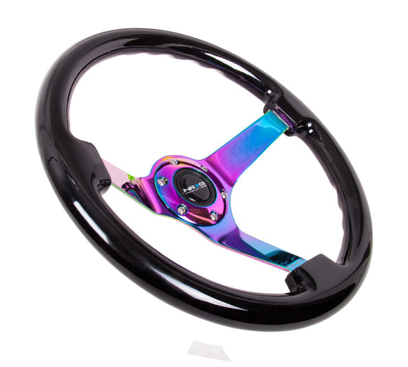 NRG Reinforced Steering Wheel (350mm / 3in Deep) Classic Blk Wood Grain w/Neochrome 3-Spoke Center