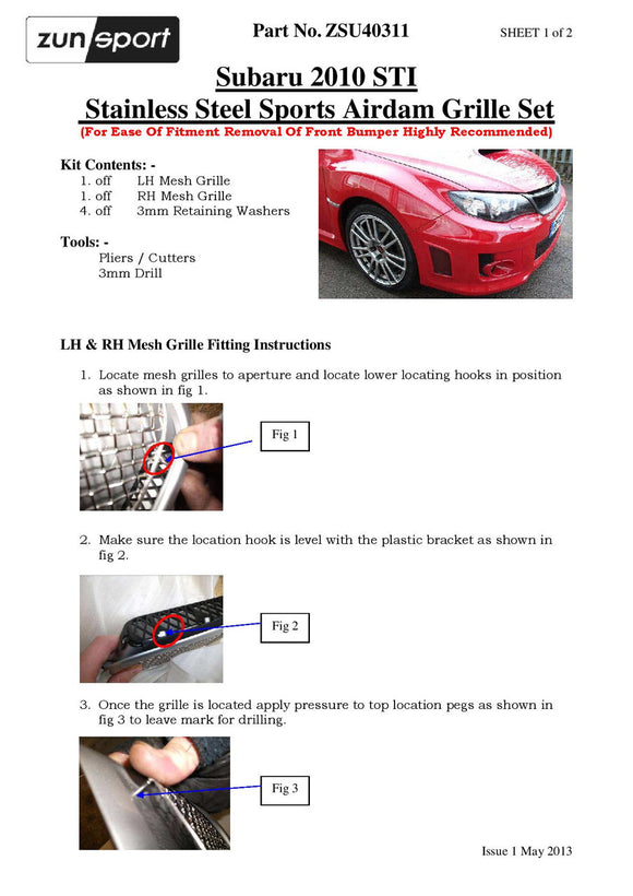Zunsport Subaru Impreza STi - Air Dam Grille Set - Silver finish