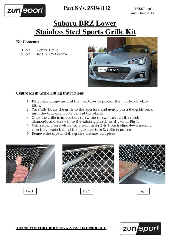 Zunsport Subaru BRZ -Lower Grille - Silver finish