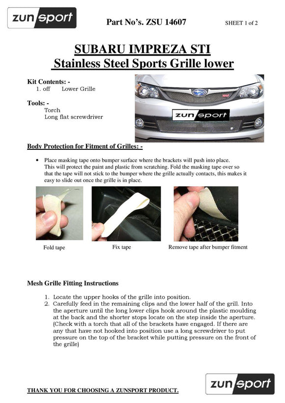 Zunsport Subaru Impreza STi 2008 MY- Lower Grille - Silver finish