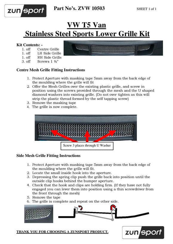 Zunsport Volkswagen T5 Lower Grille Set - Black finish