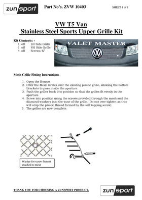 Zunsport Volkswagen T5 Top Grille Set - Silver finish - 0