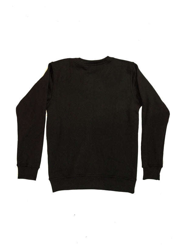 A black VW Volkswagen crewneck sweater for men. Photo is the back of the sweater with an embroidered modified green VW Mk1 Golf. Fabric is 100% cotton and high quality and fits to size. The style is long sleeve, crew neck, and embroidery on left chest.