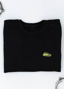 A black VW Volkswagen crewneck sweater for men. Photo is the front of the sweater with an embroidered modified green VW Mk1 Golf. Fabric is 100% cotton and high quality and fits to size. The style is long sleeve, crew neck, and embroidery on left chest.
