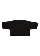 A black cropped t-shirt for VW women and plus size women. Back view of a 100% cotton crop tee with an embroidered VW Mk1 Golf. The material is stretchy, and non-transparent with a crewneck neckline and short sleeves.