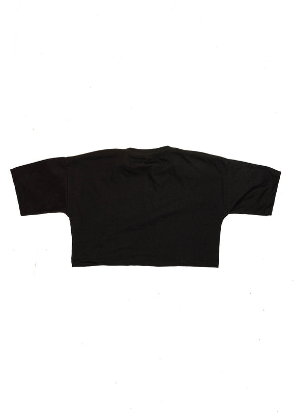 A black cropped t-shirt for VW women and plus size women. Back view of a 100% cotton crop tee with an embroidered VW Mk1 Golf. The material is stretchy, and non-transparent with a crewneck neckline and short sleeves.