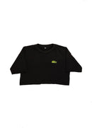 A black cropped t-shirt for VW women and plus size women. Front view of a 100% cotton crop tee with an embroidered VW Mk1 Golf. The material is stretchy, and non-transparent with a crewneck neckline and short sleeves.