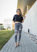 Model wearing pizzabrand VW Mk1 Golf cropped t-shirt