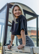 Model wearing pizzabrand VW Mk1 Golf cropped t-shirt