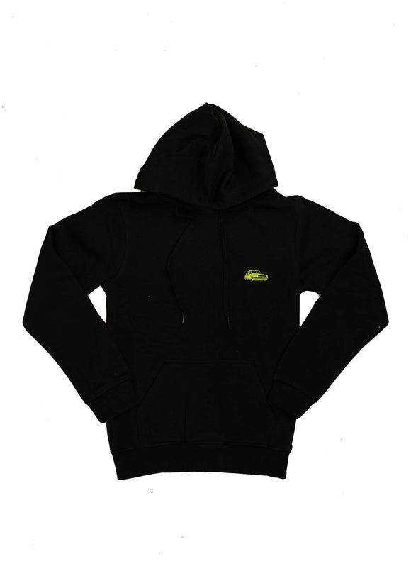 A black VW Volkswagen unisex hoodie for men and women. Photo is a front view of the sweater with an embroidered modified green Mk1 Golf. Fabric composition is cotton, polyester, and rayon. The material is very soft, stretchy, and non-transparent. The style of this hoodie is long sleeve, crewneck with a hood, hooded, with embroidery on the left chest.