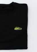A black VW VolkswagenT-Shirt for men. Photo is a close up of the shirt with an embroidered modified green Mk1 Golf. Fabric composition is 100% polyester. The material is very stretchy, soft, comfortable, breathable, and non-transparent. The style of this shirt is short sleeve, with a crewneck neckline.