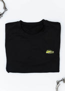 A black VW VolkswagenT-Shirt for men. Photo is a front view of the shirt with an embroidered modified green Mk1 Golf. Fabric composition is 100% polyester. The material is very stretchy, soft, comfortable, breathable, and non-transparent. The style of this shirt is short sleeve, with a crewneck neckline.
