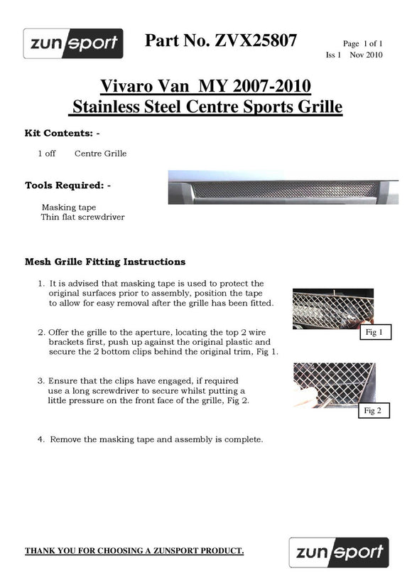 Zunsport Vauxhall Vivaro - Centre Grille - Black finish