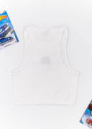 A white Audi crop top for women. Photo is a blank canvas back view of the top with an embroidered Imola Yellow Audi B5 RS4. Fabric composition is polyester, and elastine. The material is stretchy, ribbed, and non-transparent. The style of this shirt is sleeveless, with a crewneck neckline.