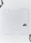 A white BMW 2002 Turbo t-shirt for men. Photo is a close up of the shirt with an embroidered 2002 Turbo. Fabric composition is a polyester and cotton mix. The material is very soft, stretchy, non-transparent. The style of this shirt is short sleeve, with a crewneck neckline.