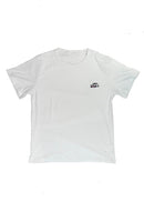 A white BMW 2002 Turbo t-shirt for men. Photo is the front view of the shirt with an embroidered 2002 Turbo. Fabric composition is a polyester and cotton mix. The material is very soft, stretchy, non-transparent. The style of this shirt is short sleeve, with a crewneck neckline.