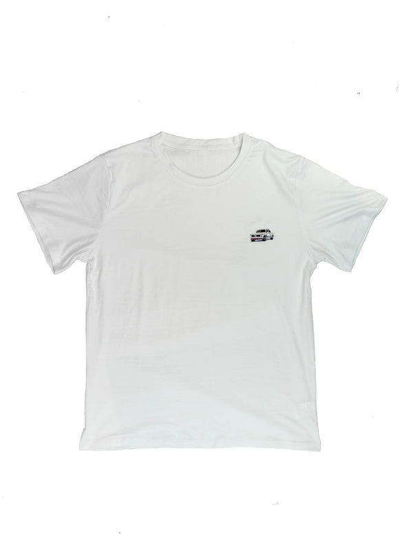 A white BMW 2002 Turbo t-shirt for men. Photo is the front view of the shirt with an embroidered 2002 Turbo. Fabric composition is a polyester and cotton mix. The material is very soft, stretchy, non-transparent. The style of this shirt is short sleeve, with a crewneck neckline.