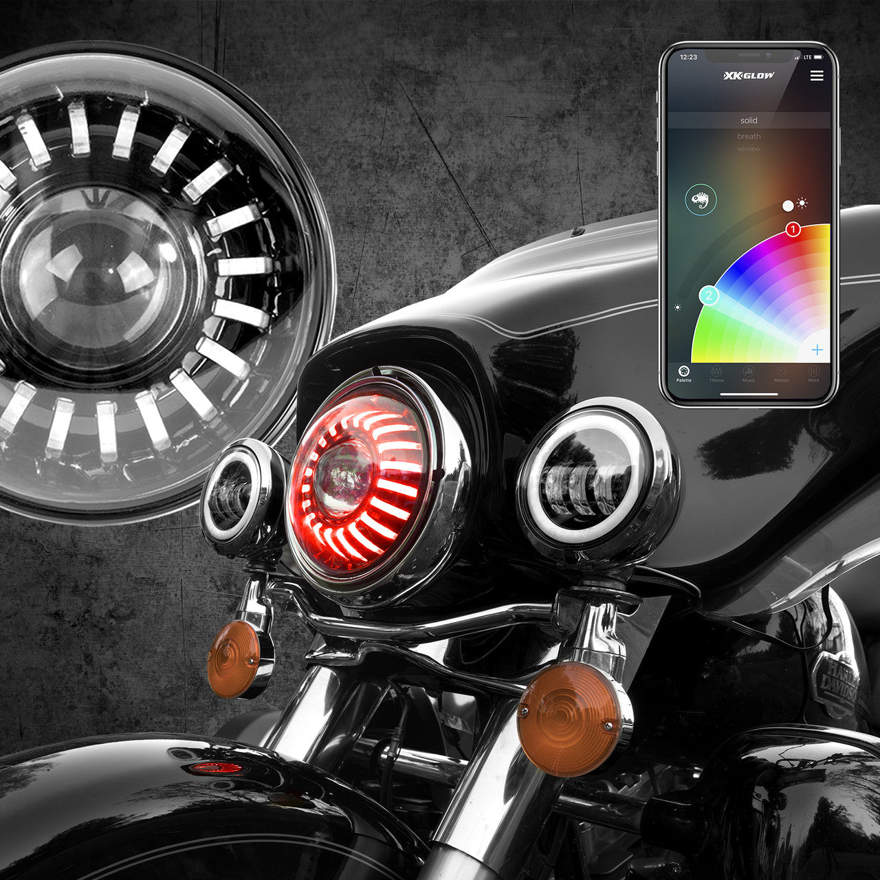 XK Glow 7In RGB LED Harley Headlight XKchrome Bluetooth App Controlled Kit - 0
