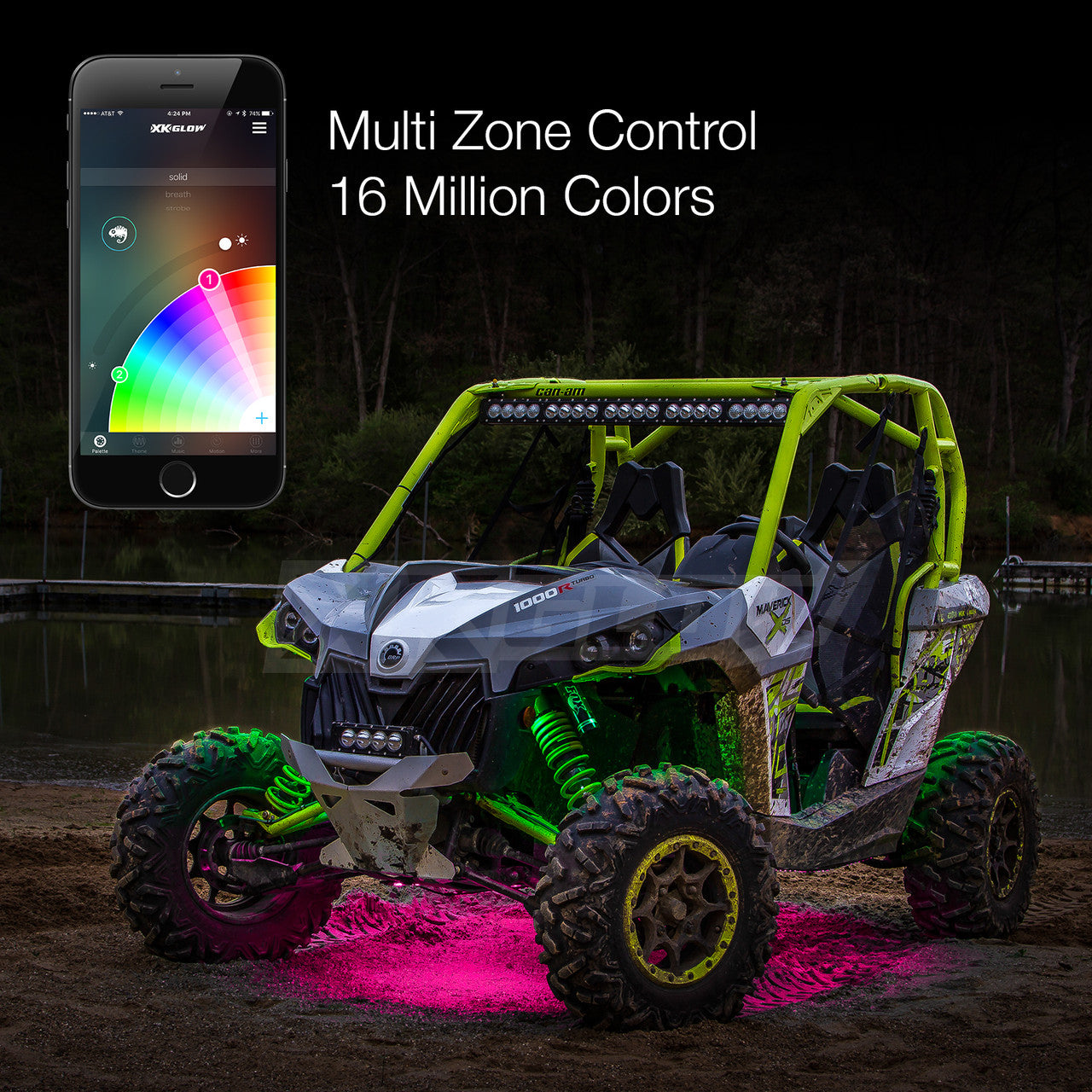 XK Glow Million Color XKCHROME App Controlled Offroad UTV Kit 2x24In Tube + 10x12In Tube + 16xPods - 0