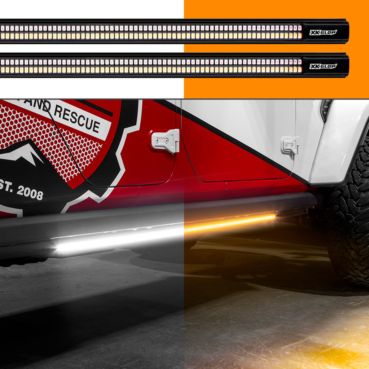 XK Glow Jeep & Truck Running Board Light w/ Turn Signal 2x48in White + Amber