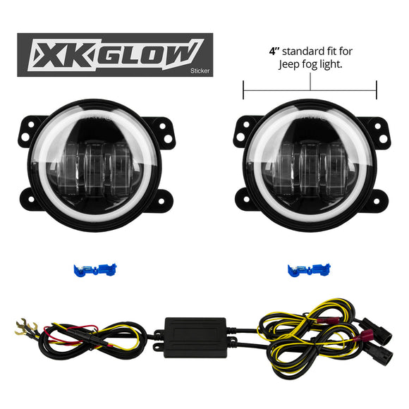 XK Glow 4in Fog Light JEEP 2pc Kit w/ Switchback Halo White DRL + Amber Turn Signal