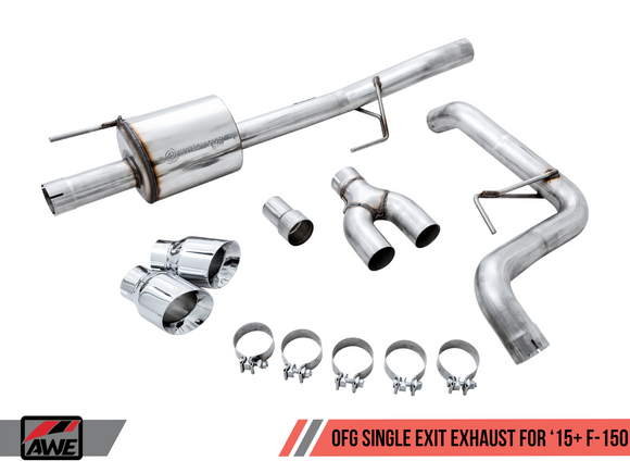 AWE 0FG Single Exit Exhaust for '15-'20 F-150 - 4.5" Chrome Silver Tips