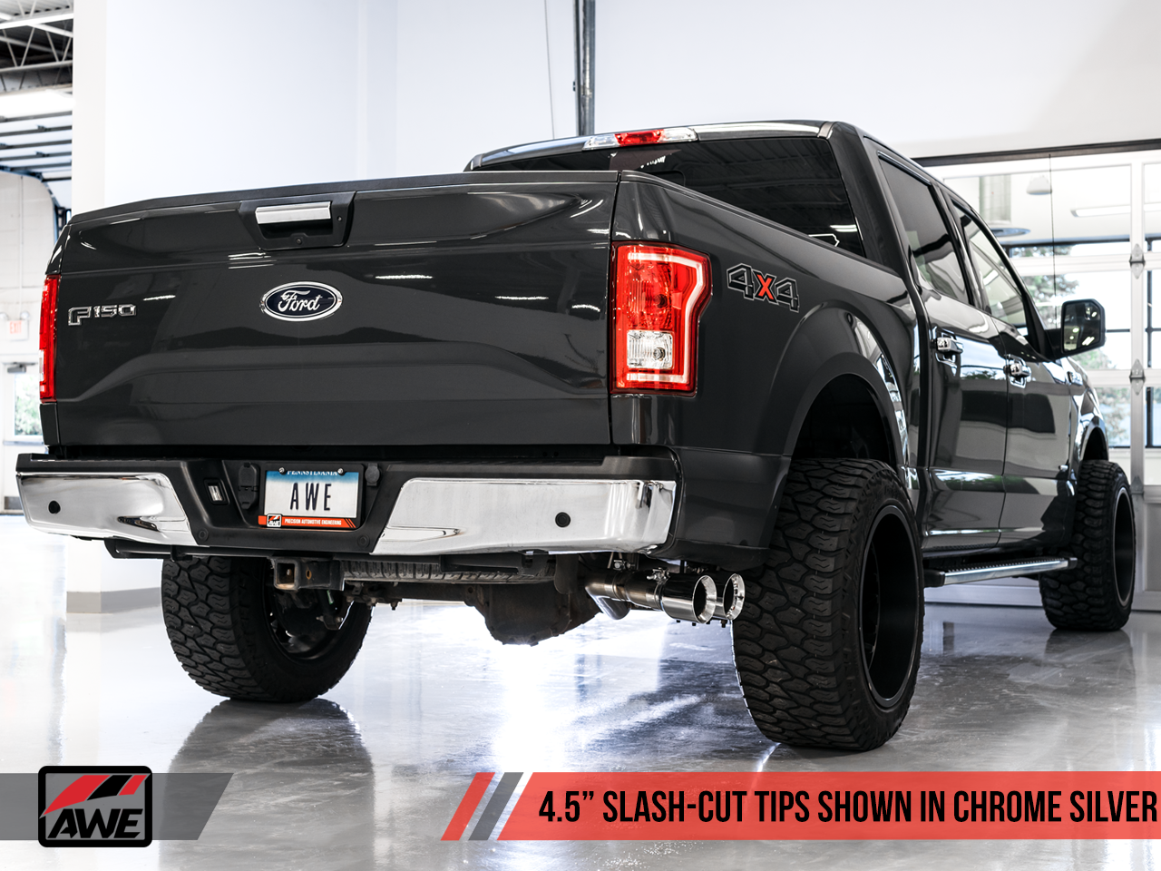 AWE 0FG Single Exit Exhaust for '15-'20 F-150 - 4.5" Chrome Silver Tips
