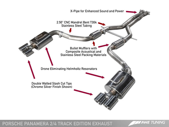 AWE Track Edition Exhaust for 970 Panamera 2/4 (2014+) -- With Chrome Silver Tips