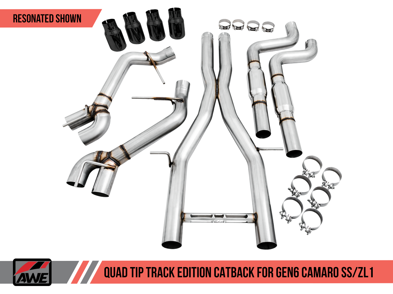 AWE Track Edition Catback Exhaust for Gen6 Camaro SS / ZL1 - Resonated - Diamond Black Tips (Quad Outlet)
